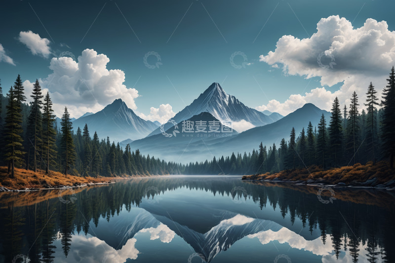 高清大图下载【趣麦麦图】山林间宁静湖面自然风光