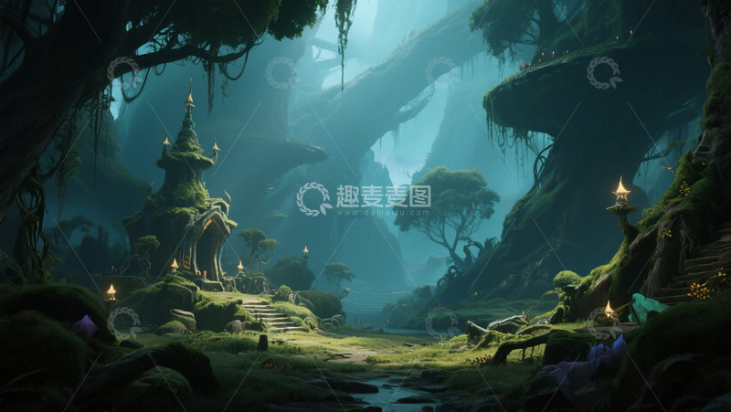 高清大图下载【趣麦麦图】梦幻森林神秘古庙插画