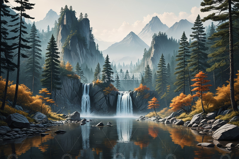 高清大图下载【趣麦麦图】山林间瀑布与森林自然风光