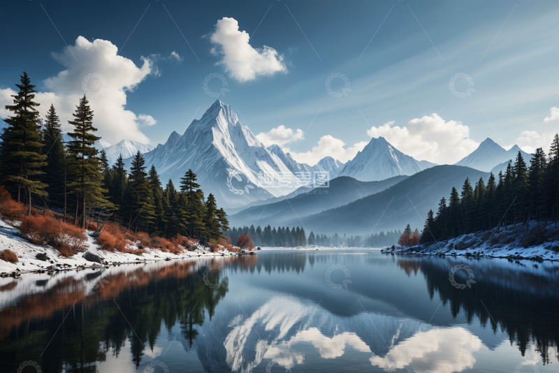 高清大图下载【趣麦麦图】雪山森林湖泊自然风景