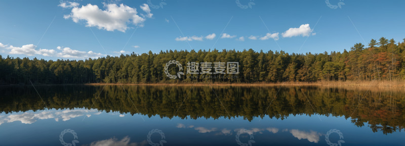 高清大图下载【趣麦麦图】森林旁平静湖面自然景观