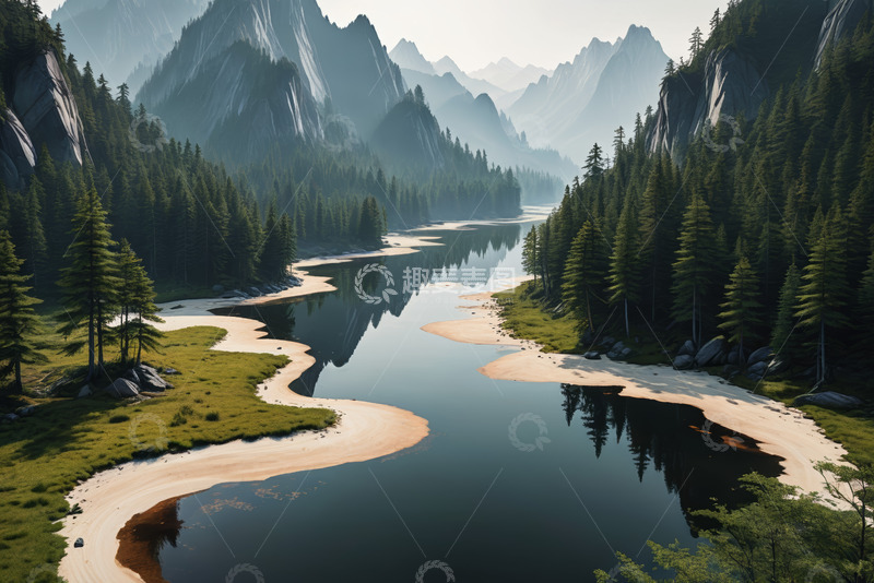 高清大图下载【趣麦麦图】山林间蜿蜒河流自然风光