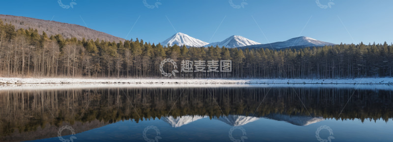 高清大图下载【趣麦麦图】森林湖泊与远山雪景风光
