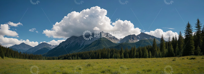 高清大图下载【趣麦麦图】山间草原森林与白云景观