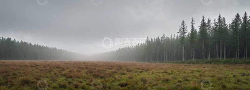 高清大图下载【趣麦麦图】雾中森林与开阔草地景象