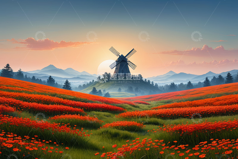 高清大图下载【趣麦麦图】夕阳下花海中的风车风景