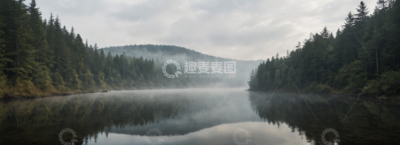 高清大图下载【趣麦麦图】森林湖泊清晨静谧景象