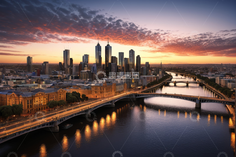 高清大图下载【趣麦麦图】墨尔本城市黄昏天际线全景