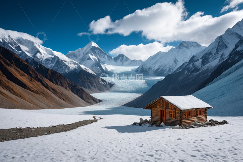 高清大图下载【趣麦麦图】雪山下的木屋自然风光