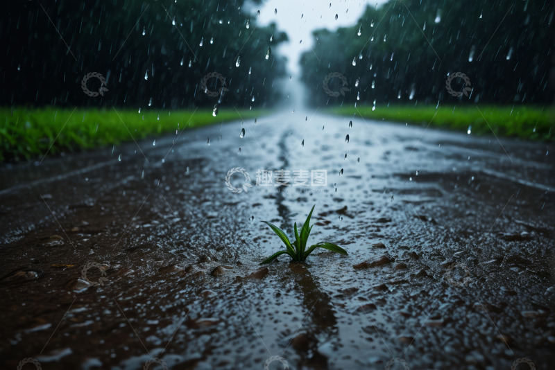高清大图下载【趣麦麦图】雨中道路上生长的小草