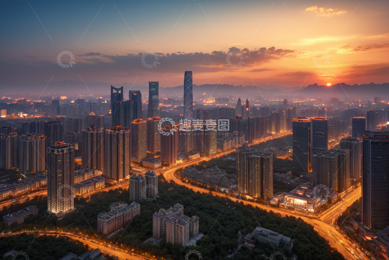 高清大图下载【趣麦麦图】城市黄昏高楼与道路景观