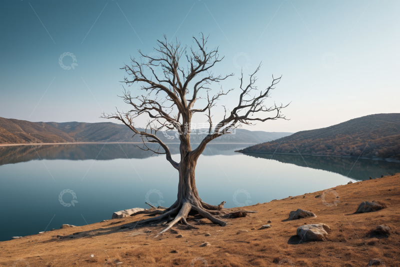 高清大图下载【趣麦麦图】湖畔枯树立于开阔天地间