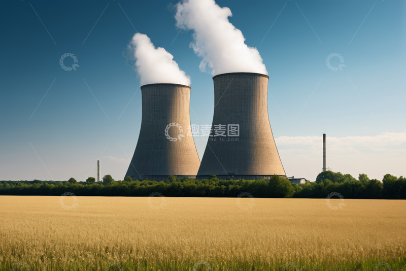 高清大图下载【趣麦麦图】田野旁的冷却塔与蒸汽景观