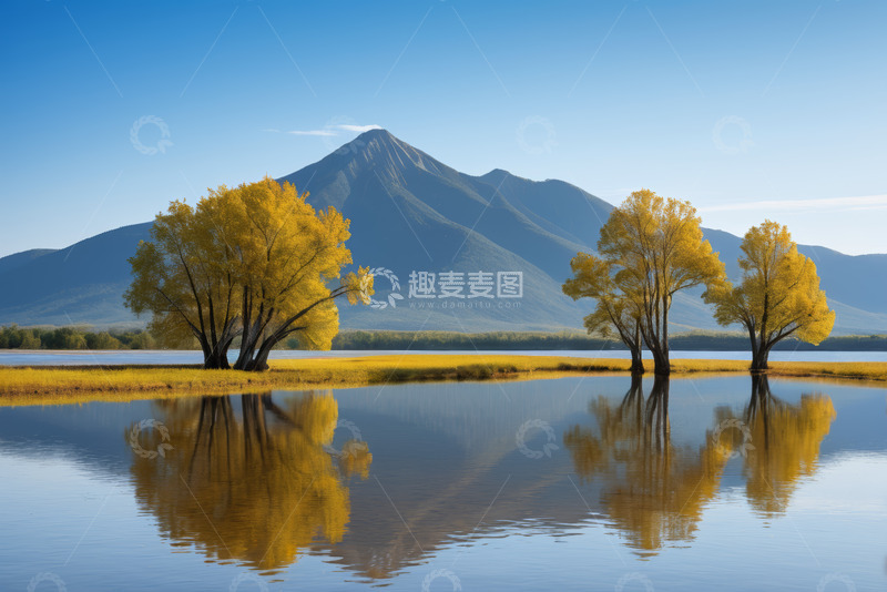 高清大图下载【趣麦麦图】山水间秋日树木倒影风景