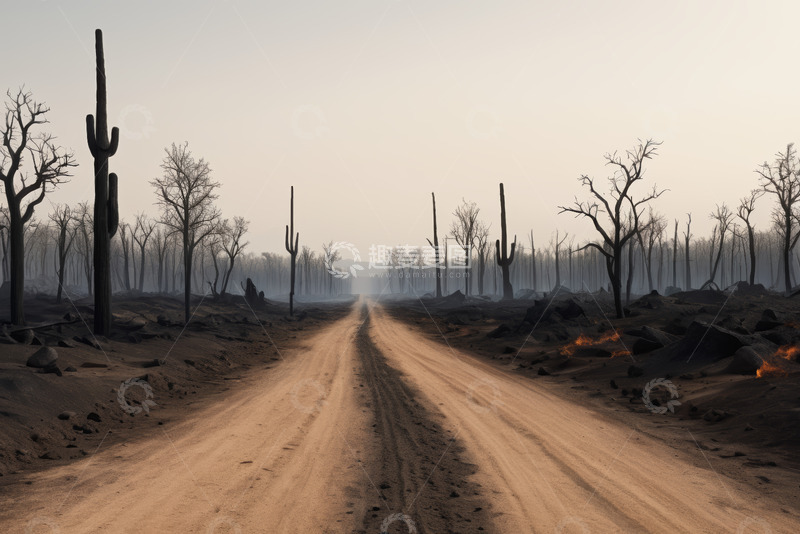 高清大图下载【趣麦麦图】沙漠中荒芜道路与枯树景象