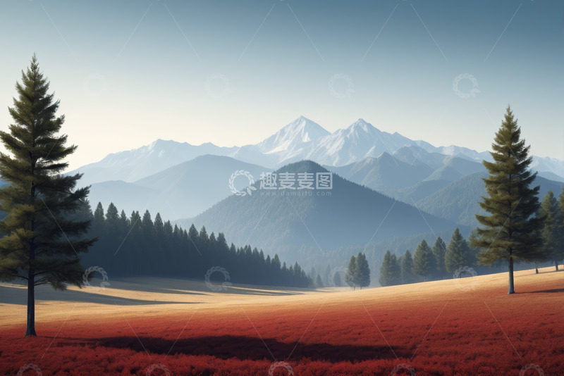 高清大图下载【趣麦麦图】山林间的开阔草地与远处雪山