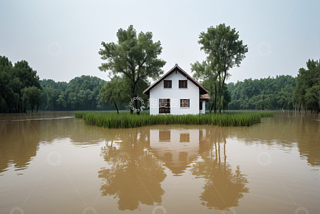 被洪水环绕的独栋小屋