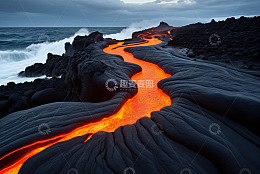 海边流淌的炽热火山熔岩