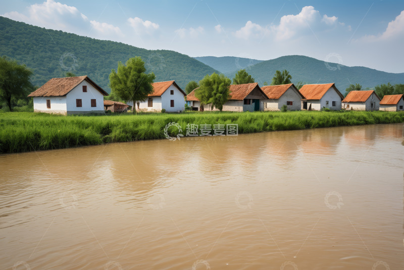 高清大图下载【趣麦麦图】河边村庄田园风光