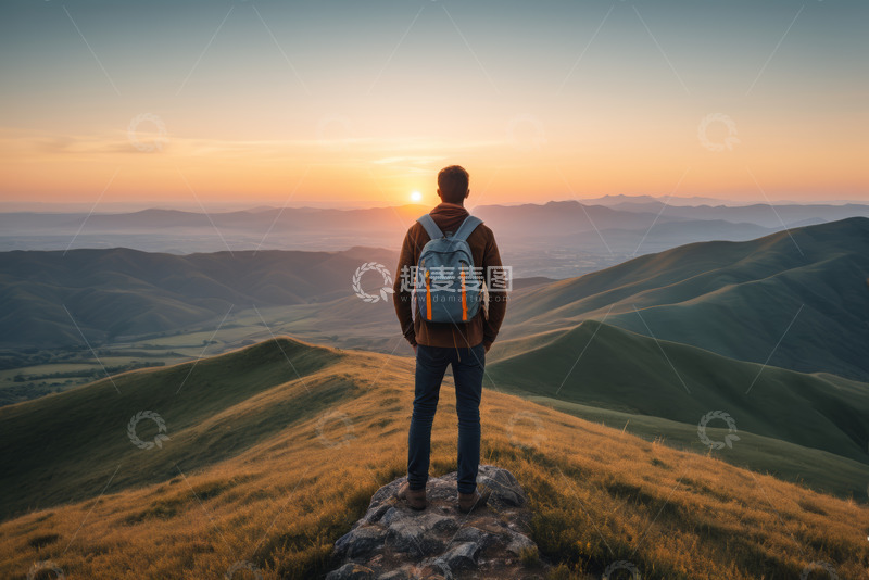 高清大图下载【趣麦麦图】男子山顶眺望远处日落风光