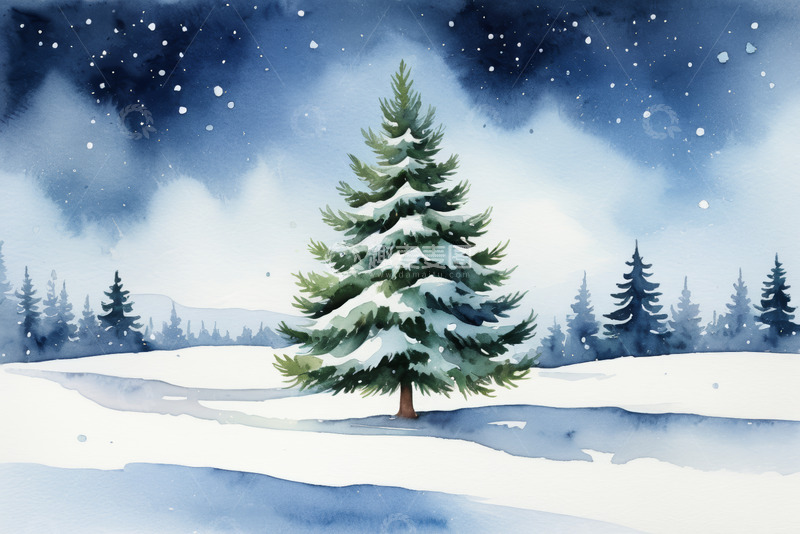 高清大图下载【趣麦麦图】雪夜中的水彩风格松树景观