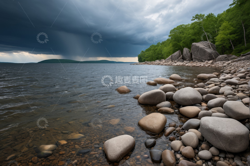 高清大图下载【趣麦麦图】湖边岩石与阴沉天空自然景观