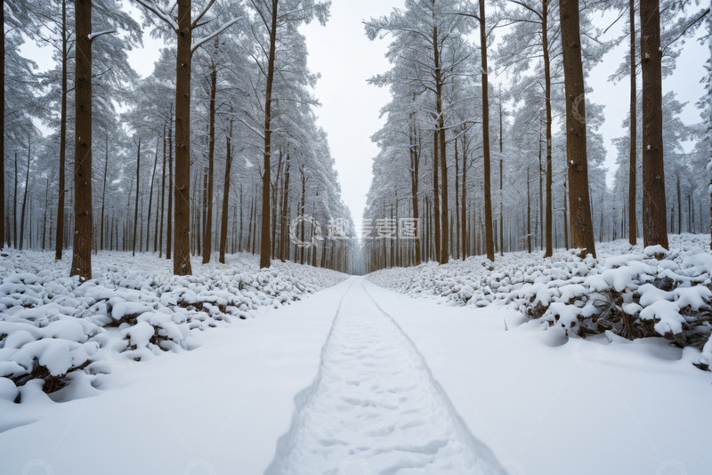 高清大图下载【趣麦麦图】冬日雪覆森林的林间小道