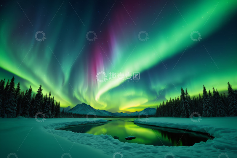 高清大图下载【趣麦麦图】雪地山林间的极光美景