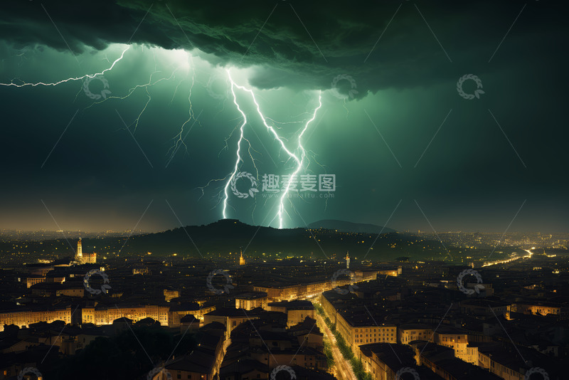 高清大图下载【趣麦麦图】城市上空闪电风暴夜景