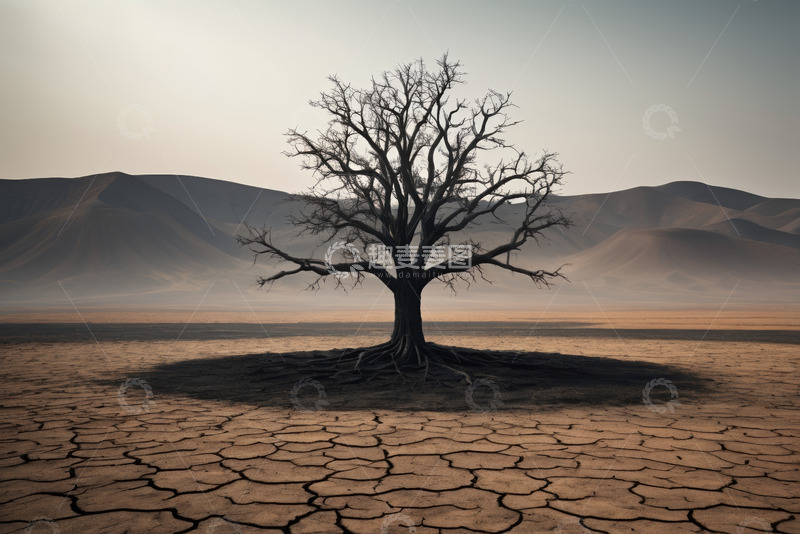 高清大图下载【趣麦麦图】沙漠中孤独的枯树景象