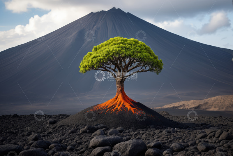 高清大图下载【趣麦麦图】火山旁长着根系似岩浆的绿树