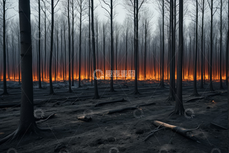 高清大图下载【趣麦麦图】森林火灾后的焦黑树林景象