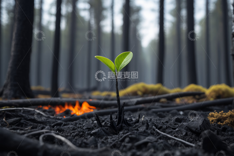 高清大图下载【趣麦麦图】森林火灾后新生的绿色幼苗