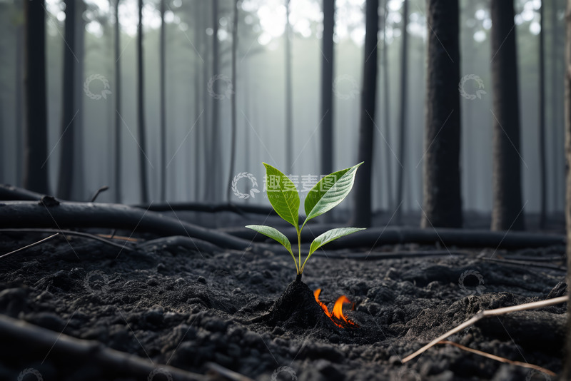 高清大图下载【趣麦麦图】森林中新生绿植与余烬景象