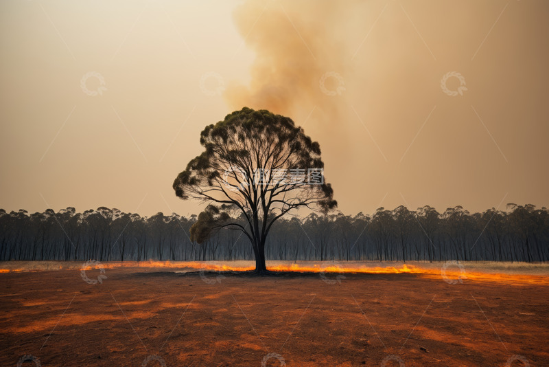 高清大图下载【趣麦麦图】野外单棵树木旁的火灾景象