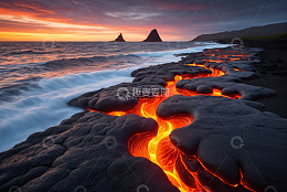 海边涌动的火山熔岩景观