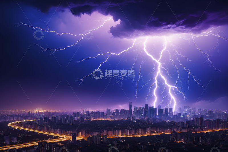 高清大图下载【趣麦麦图】城市上空闪电风暴夜景