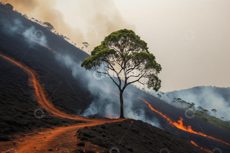高清大图下载【趣麦麦图】山林火灾场景中的孤树