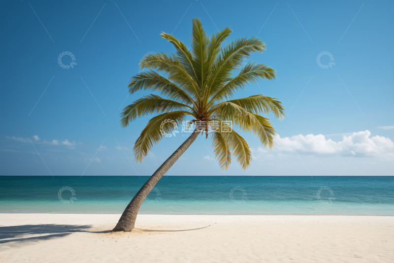高清大图下载【趣麦麦图】海滩上倾斜的椰子树