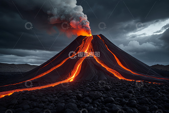 喷发中的火山与流动熔岩