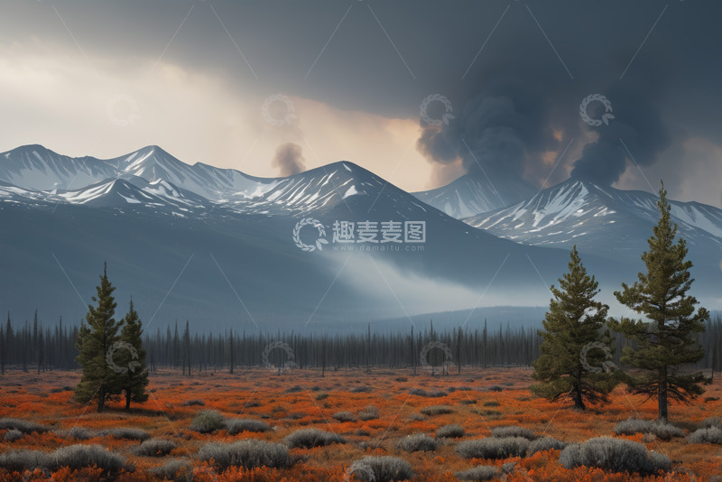 高清大图下载【趣麦麦图】雪山下的森林与原野景观