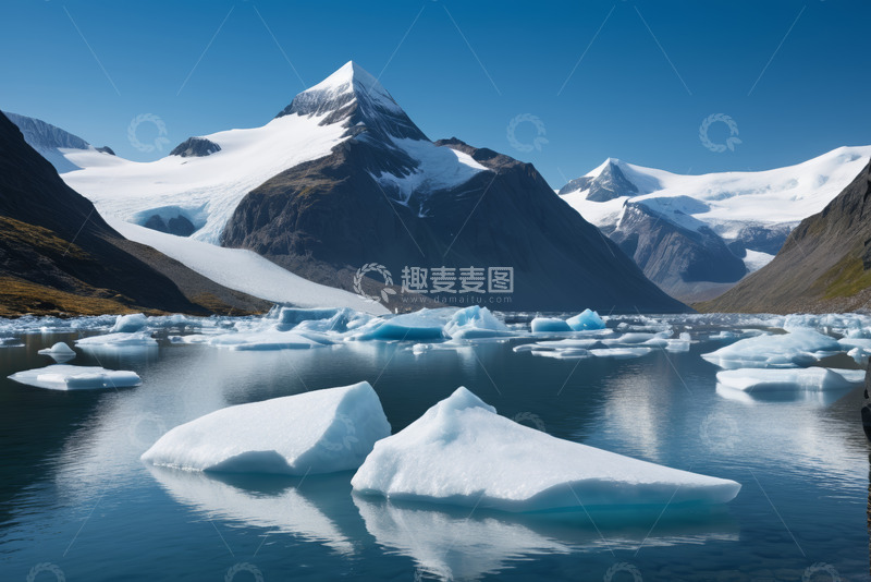 高清大图下载【趣麦麦图】雪山下湖面上漂浮的冰块