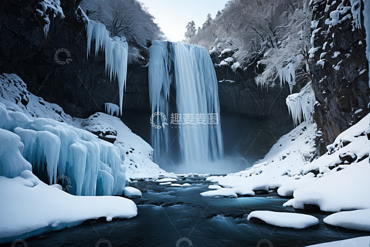 冬季雪景中的瀑布景观