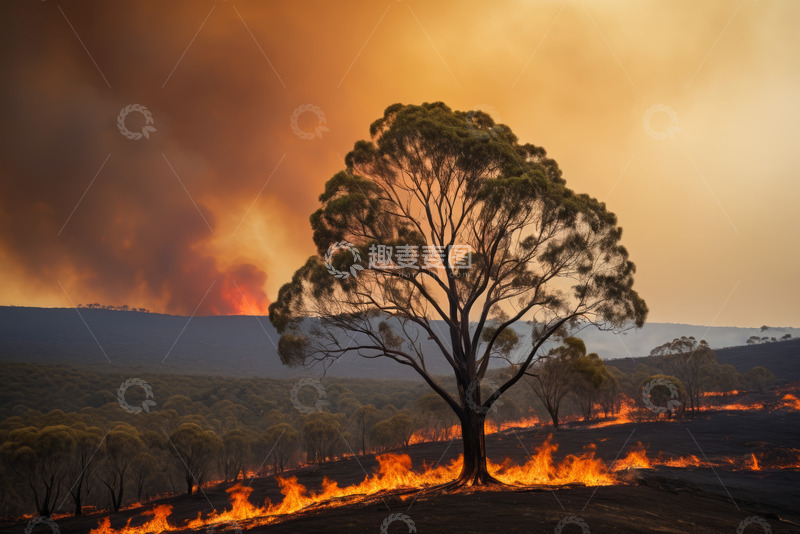 高清大图下载【趣麦麦图】森林火灾中的孤树景象