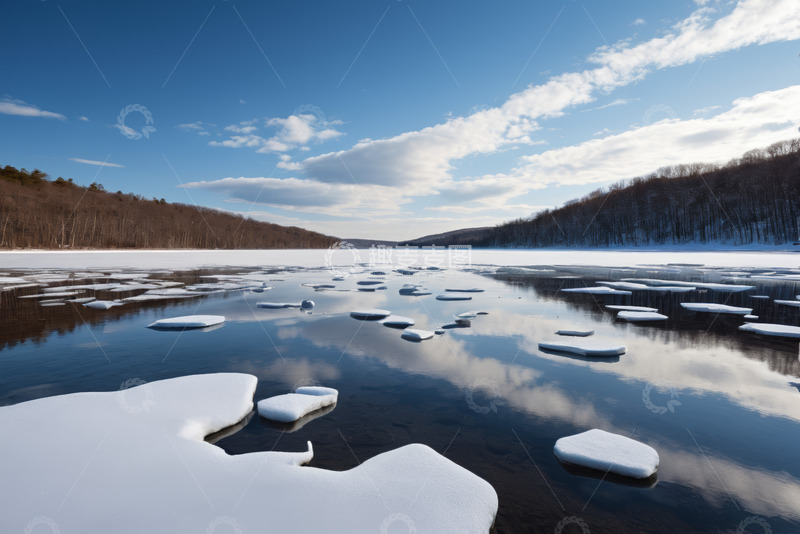 高清大图下载【趣麦麦图】冬季湖面浮冰与岸边雪景
