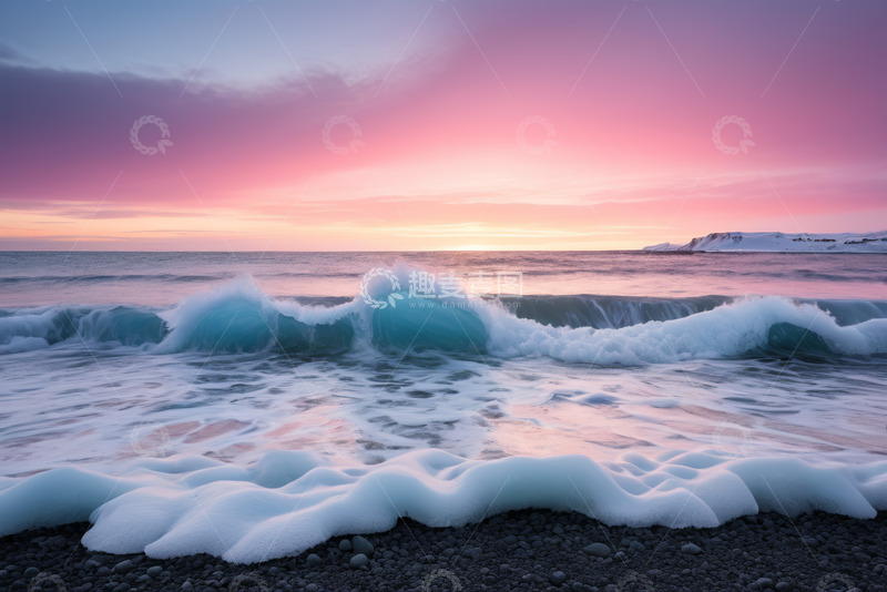 高清大图下载【趣麦麦图】海边日落海浪拍打黑沙滩