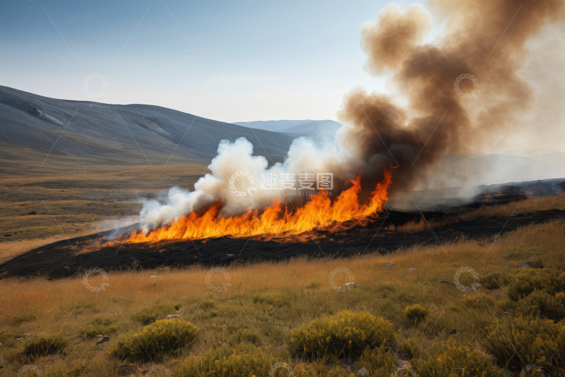 高清大图下载【趣麦麦图】野外草地燃烧冒烟景象