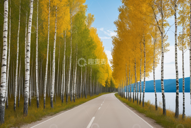 高清大图下载【趣麦麦图】秋日公路旁的白桦林风景