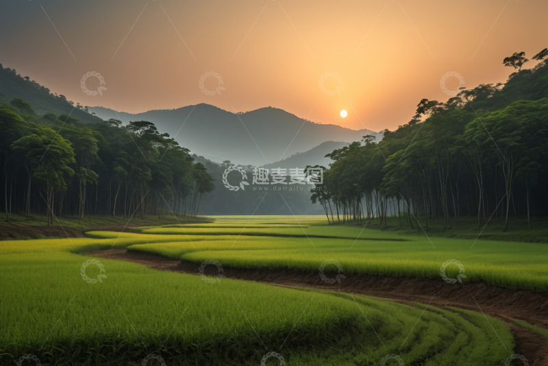 高清大图下载【趣麦麦图】田园山林日落全景