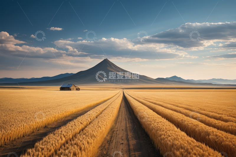高清大图下载【趣麦麦图】麦田远山与小屋风景